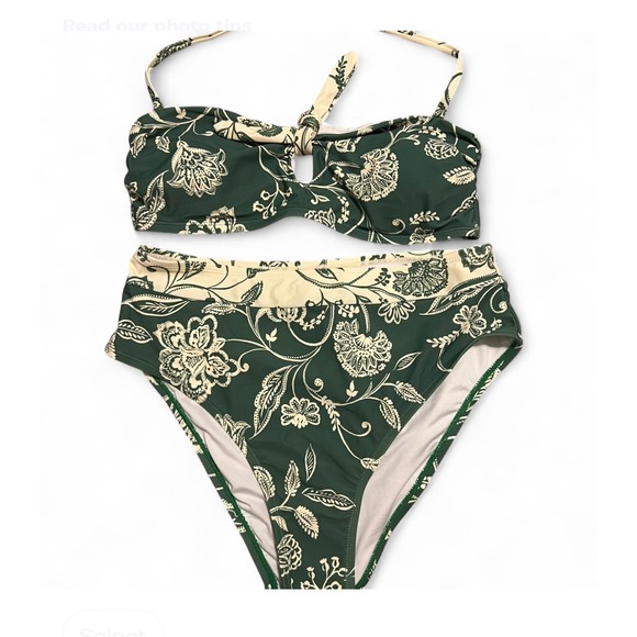 Floral High Waist Bikini Swimsuit Two Piece Bathing Suit Green Beige - Picture 1 of 4